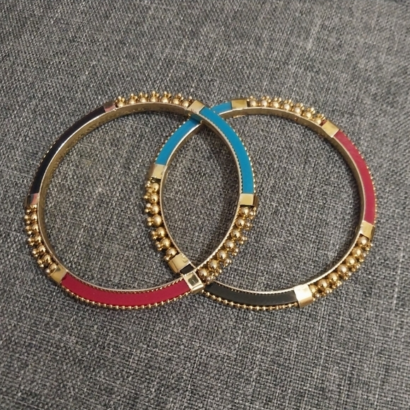 BANGLE BRACELETS 2 GOLDTONE TRI-COLOR ENAMELED Red and Blue and black - Picture 2 of 4